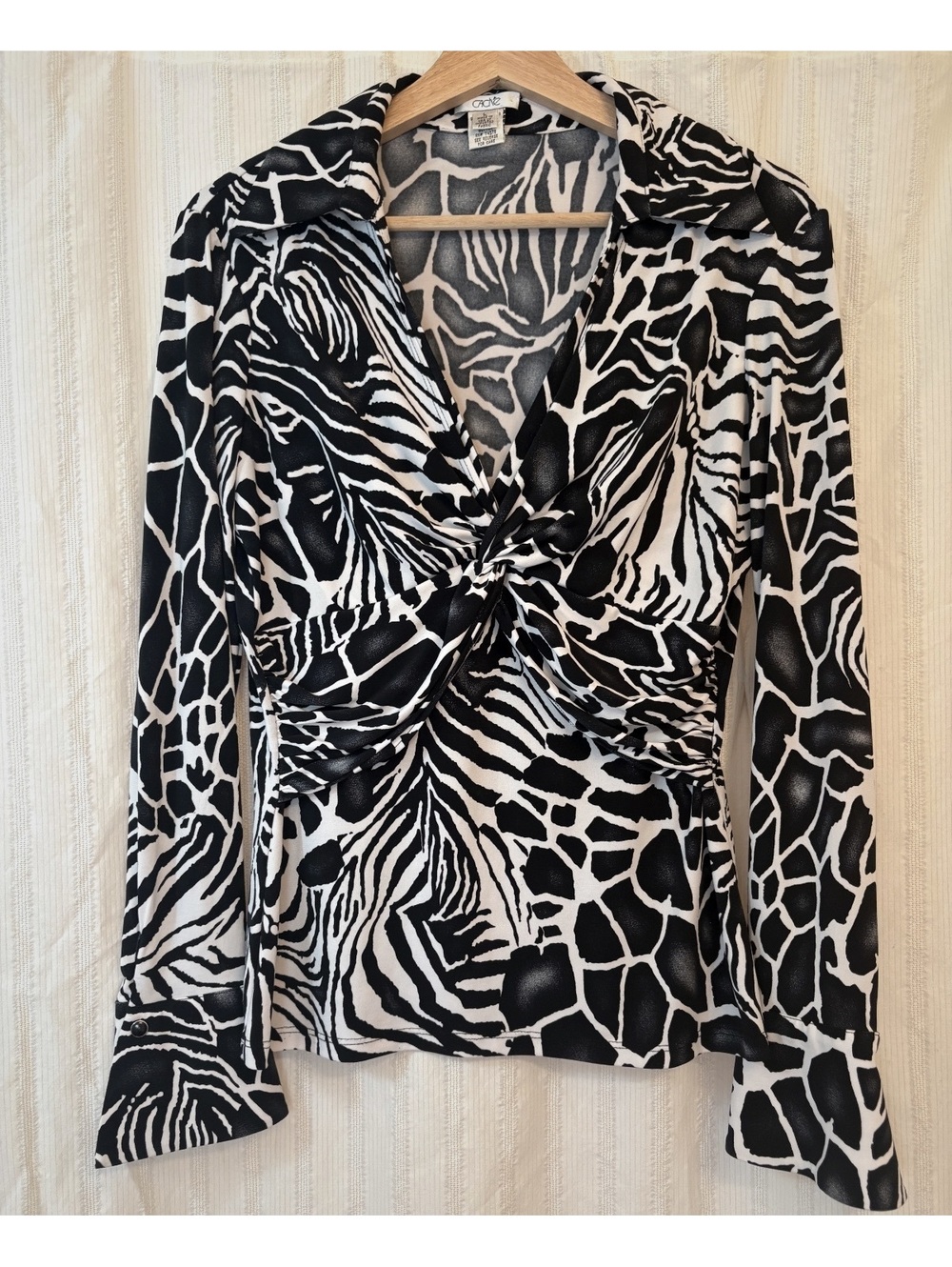 Vintage Cache Black and White Animal Print Twist Front Blouse Large #maximalist
